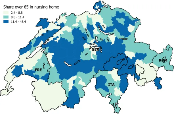 Figure 1.A.1: Percentage of people over 65 in nursing homes by district and linguistic area in 2013