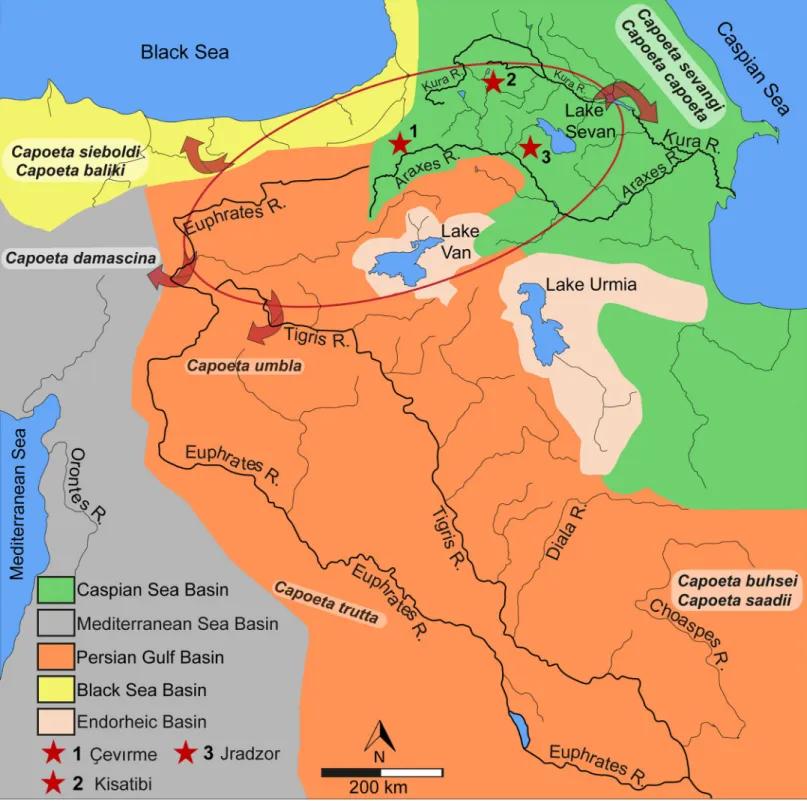 Fig 2. Geographical overview of the drainage systems of Western Asia and the Ponto-Caspian regions (Euphrates-Tigris, Araxes-Kura)