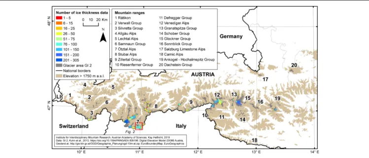 FIGURE 1 | Location of the glaciers according to the second Austrian glacier inventory (gray area, GI 2) overlaid by all glaciers with available ice thickness measurements in color showing the number of ice thickness data points per glacier