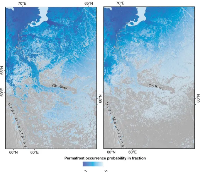 Fig. 10. Permafrost probability for the area east of Ural Mountains with diﬀerent r k values for the wetlands landcover group