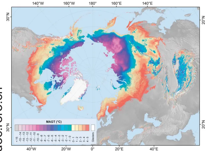 Fig. 3. Average MAGT at TTOP of all model realizations for the Northern Hemisphere. Glacier/ice-sheet areas are extracted from the ESA CCI Landcover product.