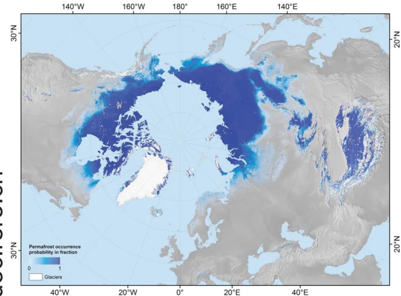 Fig. 4. Permafrost probability calculated as the fraction of model runs with MAGT below 0 °C.