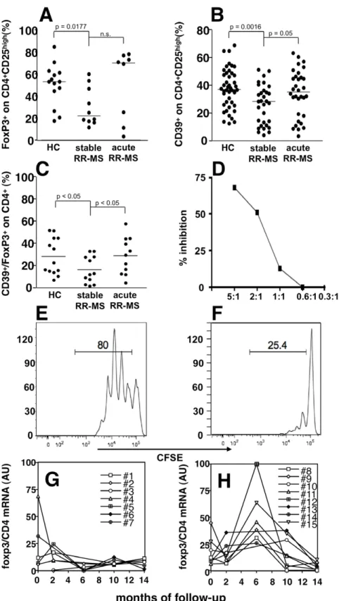 Figure 4. Treg cells are increased during acute MS. The percentage of FoxP3 + cells in the CD4 + CD25 high gate is shown in (A) in healthy controls (HC; n = 14), stable MS (n = 10), and acute MS (n = 8)