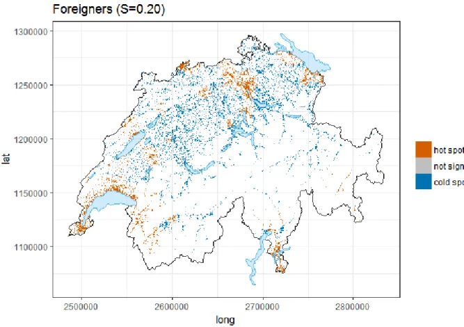 Figure 6: Over- and under-representations of foreigners among 100’000 nearest neighbors in  comparison with the whole resident population of Switzerland, 2014 