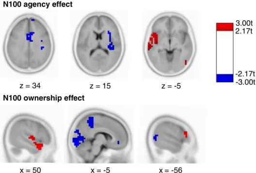 Fig. 5 Significant N100 effects of agency and ownership in the inverse space. Red areas indicate larger current density estimates under the presence of agency/ownership, blue areas indicate more current density in the absence of agency/ownership (Color fig