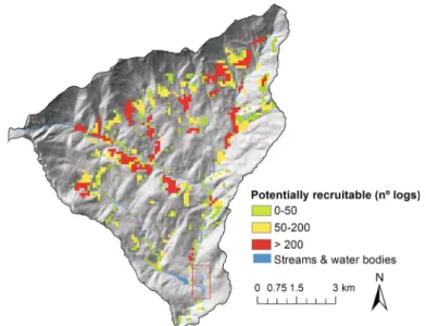 Fig. 5 Number of logs potentially recruitable as large wood to streams, based on landslides, floods and bank erosion processes, connectivity to streams and vegetation stand and density in the Arenal River basin