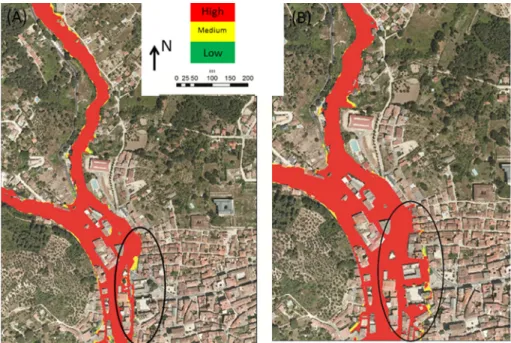 Fig. 11 a Danger zone for people without wood and b scenario 3 of wood transport. Maps are related to the 90 % probability 500-year flood