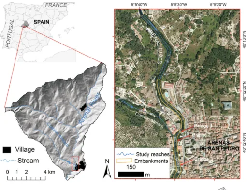 Fig. 1 Location of the study site. There are three bridges along the studied reach, and the Cuevas tributary stream joins the Arenal in mid-reach
