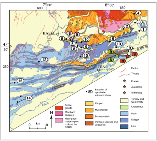 Fig. 2   Regional geological map  of the northeastern Jura  Moun-tains (adapted from the geologic  map of Switzerland 1:500,000,  Swiss Federal Office of  Topog-raphy, Berne, 1972) showing the  position of sphalerite  minerali-zation
