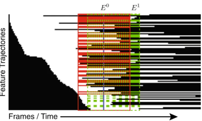 Fig. 3 We show a part of the feature trajectory matrix. Trajectories (white) are ordered according to their first appearance
