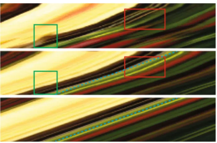 Fig. 4 We show the EPI of the input sequence on top. Lines may become thinner or wider (green box) or may disappear (red box)