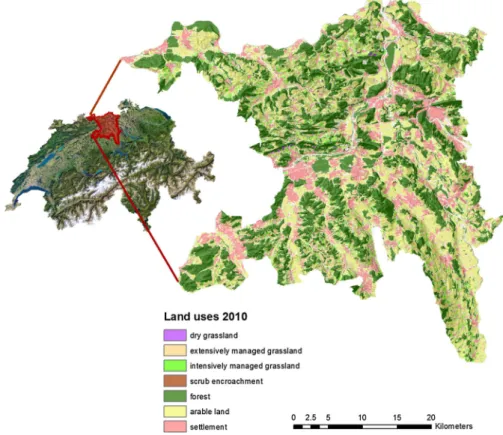 Fig. 2 Case study area with land uses in 2010. The small inset shows the location of the Canton Aargau in Switzerland