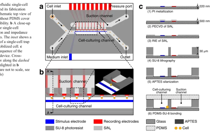 Fig. 1 Microfluidic single-cell EIS device and its fabrication process. a Schematic top view of the device without PDMS cover for better visibility