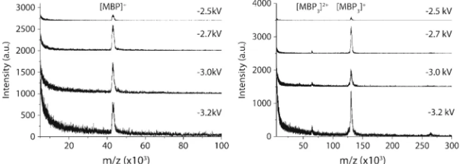 Table 1. Summary of Signal-to-Noise Ratio (S/N), Peak Width, Relative Response (R rel ), and Estimated Flight Time Dispersion as Functions of the Secondary Ion-to-Electron Conversion Voltage (HV1)