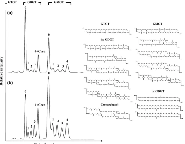Fig. 4 HPLC/APCI/MS base peak chromatogram showing the dis- dis-tribution of tetraether lipids detected in the a exterior and b interior of an inactive silica–barite chimney