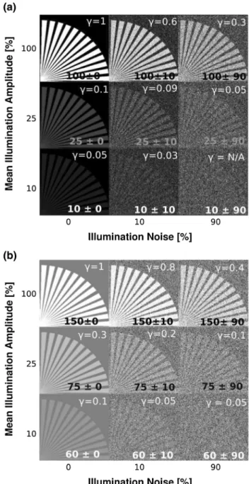 Figure 10 provides a computational analysis of the imaging performance of a quarter of a Siemens star  refer-ence sample, as a function of sample-related illumination amplitude (net signal) and illumination uniformity (spot noise)