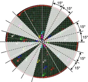 Fig. 5 Grouping of the pyrite inclusions located into three azimuthal sectors to plot the displacement profiles along diameters parallel, perpendicular and at 45 with respect to bedding