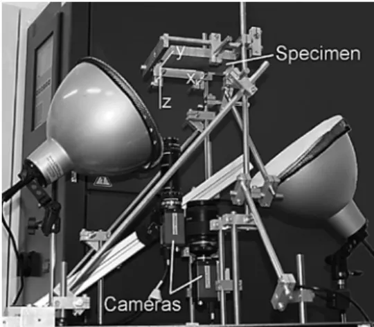 Figure 2: Test setup with specimen mount with two cameras and  cold-light sources for DIC measurements.
