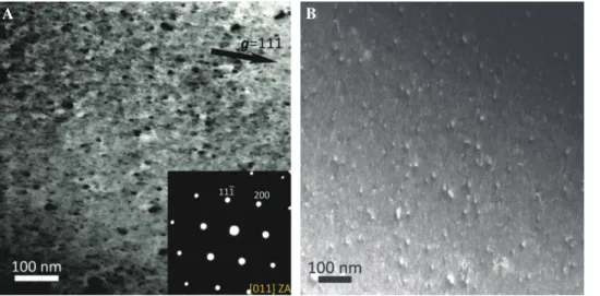 Fig. 5: A – The two beam TEM bright-field image acquired in the orientation close to [0–11] zone axis with the g=111 as an active reflection  of the sample CrFeCoNiAl 0.3  (1300°C, 1 week); In the insert is a diffraction pattern from the area in A, acquire