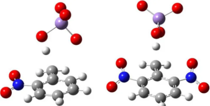 Fig. 4 Transition state structures of methyl group oxidation in modeled oxidation reactions of 2-nitrotoluene and 2,6-dinitrotoluene with permanganate
