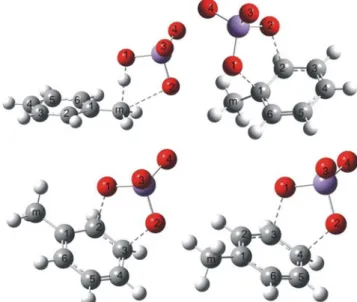 Fig. 2 Optimized structures of transition states of modeled oxidation reactions of toluene with permanganate anion at positions (from upper, left): C m , C 1 -C 2 , C 2 -C 3 , and C 3 -C 4