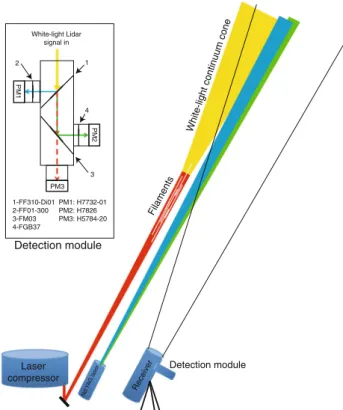 Fig. 1 a Schematic layout of the Lidar experiment. The receiver telescope is located *90 cm and 1 m below the FLAME and reference Nd:YAG laser beams