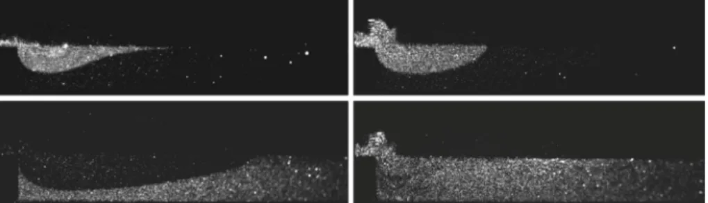 Fig. 3 Raw images (contrast adjusted for illustration): above left 300 ml dyed fluid released into undyed bed (300R)