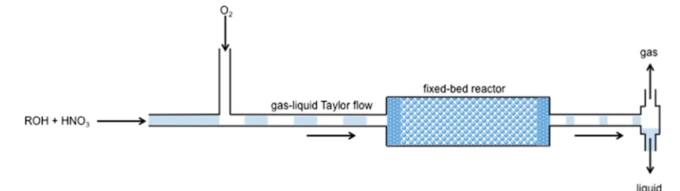 Fig. 1 Continuous flow setup for the aerobic oxidation of alcohols with catalytic amounts of HNO 3