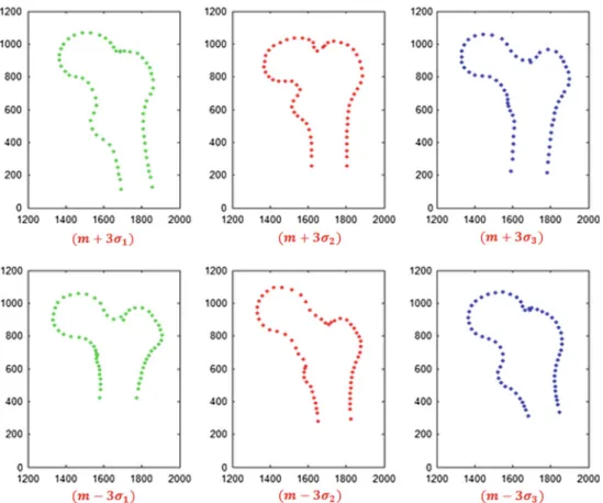 Fig. 1 Variations of the three times standard deviation of the constructed proximal femur SSM along the directions of its three largest principal components (all axes in pixel)