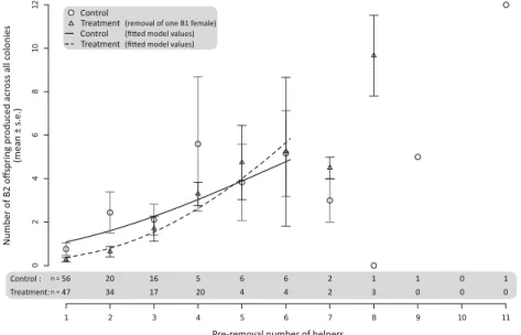 Fig. 3 Effect of helper removal on colony productivity across all colonies, including the ones that failed to produce any B2 offspring, in the function of the total number of B1 helpers produced by the colony  (x-axis)