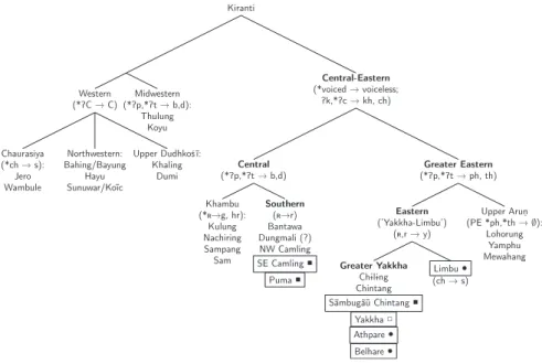 Fig. 1: Genealogy of Kiranti languages with sound laws supporting the topology. Languages in  boxes show a development of antipassives into first person object markers, involving an object  derived from a meaning ‘person, people’ (●) or ‘all’ (■), or not i