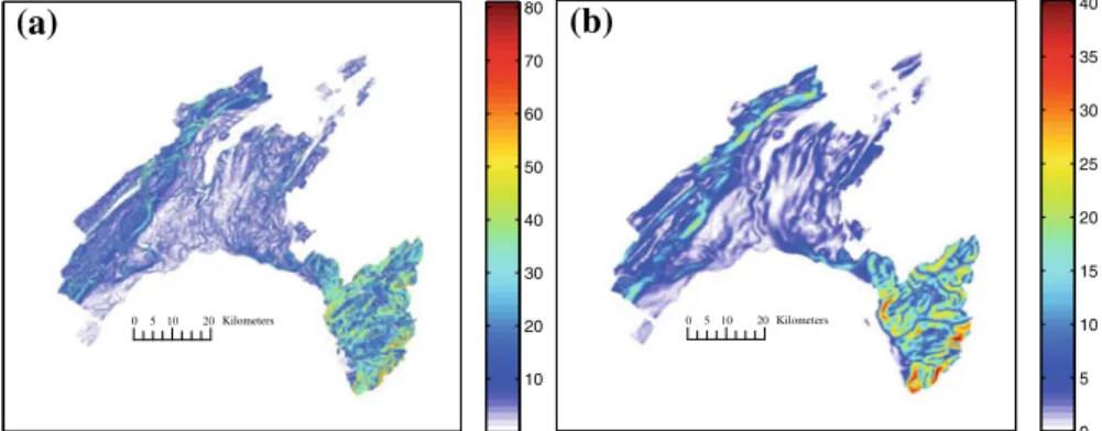 Fig. 3 Multiscale representation of slope (a slope, b filtered slope) [degrees]