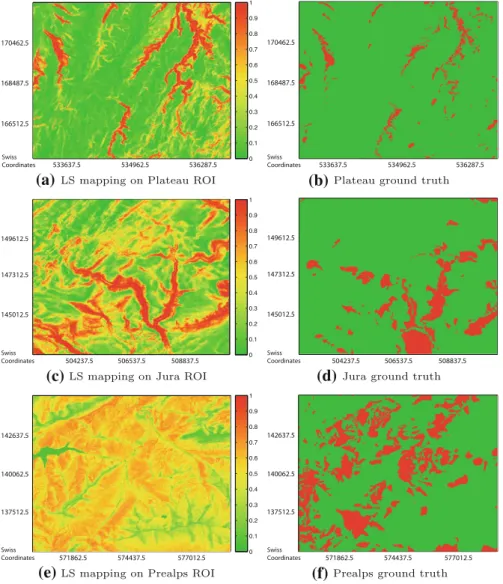 Fig. 6 a, c, e Probabilistic landslide susceptibility maps obtained by Gaussian SVM. Results are aver- aver-aged over 10 splits using the object-based sampling approach
