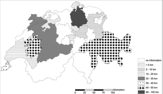 Fig. 1 Geographical distribution of total restored length per canton between 1979 and 2012