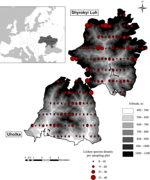 Fig. 1 Lichen species density on 294 sampling plots in the primeval beech forests Uholka-Shyrokyi Luh of the Carpathian Biosphere Reserve