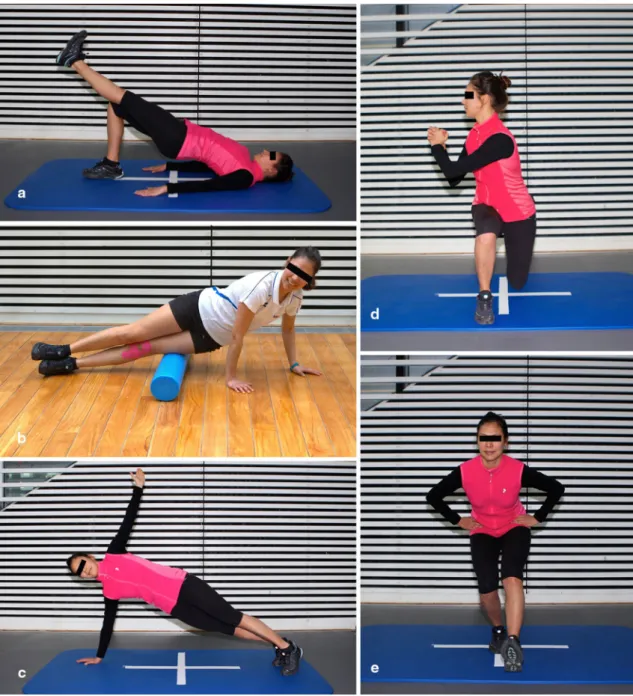 Fig. 3   Home exercise programme: a Gluteus and hamstrings strengthening, b Myofascial release of ITB, c Rotational core stability, d Lunges  with trunk rotation, e Single-leg squat