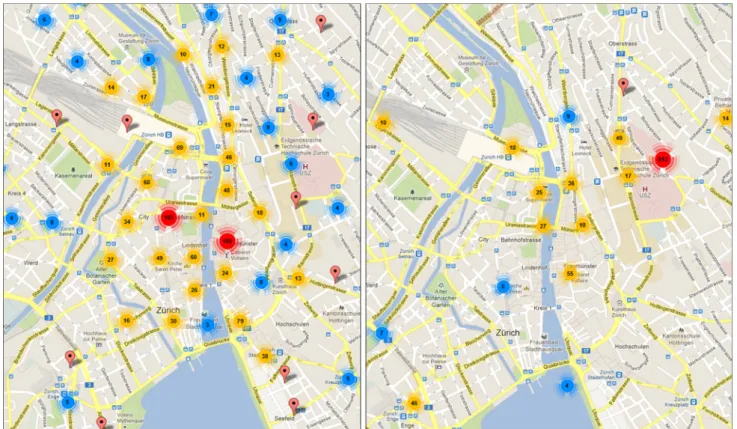 Fig. 8 Locations of indexed Web sites (left) and location of users that access the Web sites (right)