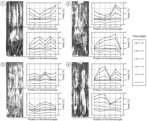 Fig. 9 Temperature curves resulting from complementary measurements at different time steps t = 1 s to t = 6 s