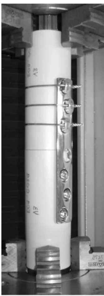 Fig. 4 Photograph of the test setup in the group with the new device in the transverse fracture model in synthetic PUR bone with a revision hip stem in situ.