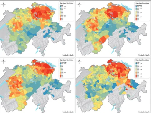 Fig. 6: Standard deviations of the similarity distributions for different linguistic lev- lev-els (lexis: 64 working maps; phonology: 100 working maps; morphology: 118 working maps; syntax: 68 working maps)