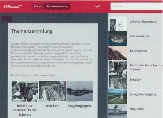 Abb. 9: Einstiegsseite für die Recherche in „ Themensammlung “ . Die Karte tritt hier in den Hintergrund; die Auswahl erfolgt über die Be- Be-zeichnung oder das Thumbnail