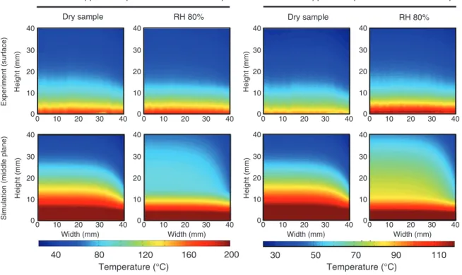 Figure 7: Temperature distribution in the samples at different times, experimental results versus simulation results, in the R-L plane.