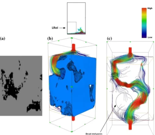 Fig. 10 Fluid path analysis of LRoI (Specimen VD4-1). a Binary porosity map, b 3D binary segmentation with a simulated fluid flow in the z direction and c streamlines of the simulated fluid flow through the pore network, where the color map indicates the v