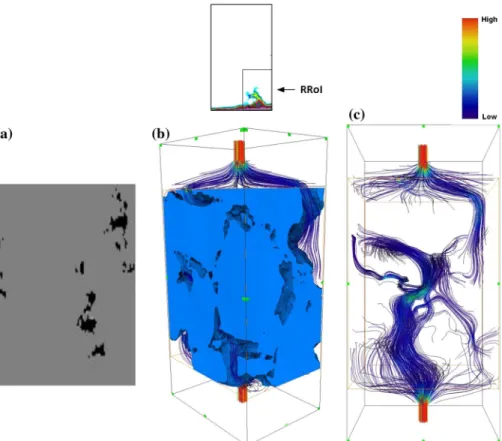 Fig. 11 Fluid path analysis of RRoI (Specimen VD4-1). a Binary porosity map, b 3D binary segmentation with a simulated fluid flow in the z direction and c streamlines of the simulated fluid flow through the pore network, where the color map indicates the v