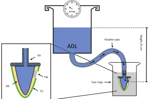 Fig. 1 Experimental set-up. The pressurized ADF reservoir is connected to the specimen via a flexible tube