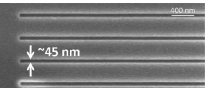 Fig. 1   Nanochannels fabricated in Si by e-beam and dry etching to  be used as master for OrmoStamp ®  replication