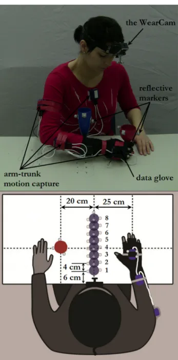 Fig. 1 Experimental setup to record eye–arm–hand coordination from human demonstrations in grasping tasks where the obstacle (dark blue disk) is progressively displaced in each trial