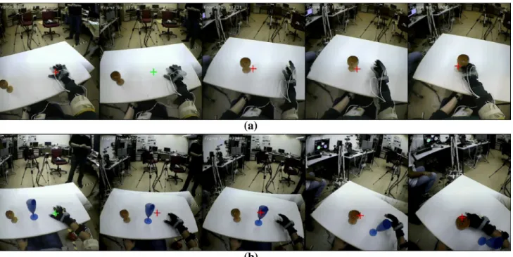 Fig. 2 Snapshots from the WearCam video from the start of the task (left) until the successful grasp completion (right), in a no-obstacle and b obstacle scenarios