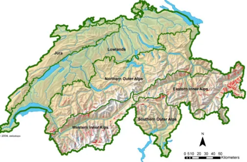Fig. 3 Predicted habitat suitability map of Leontopodium alpinum (red areas) in the Swiss Alps (map from SwissTopo; www.swisstopo.admin.ch)