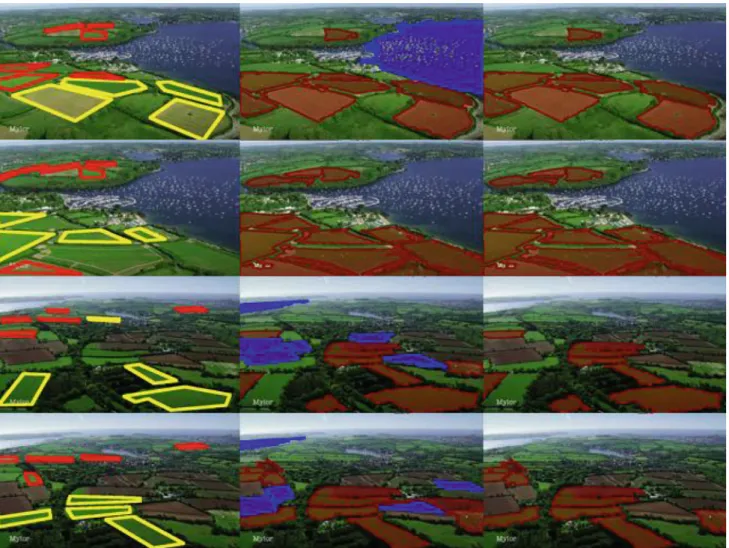 Fig. 9 Landable field detection. Results on landable field dataset: (left) pilot annotations with yellow polygons signifying top four most landable areas, (middle) landable areas detected by our approach, and (right) our approach combined with color